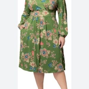 Kiyonna Green Floral Long Sleeve Dress